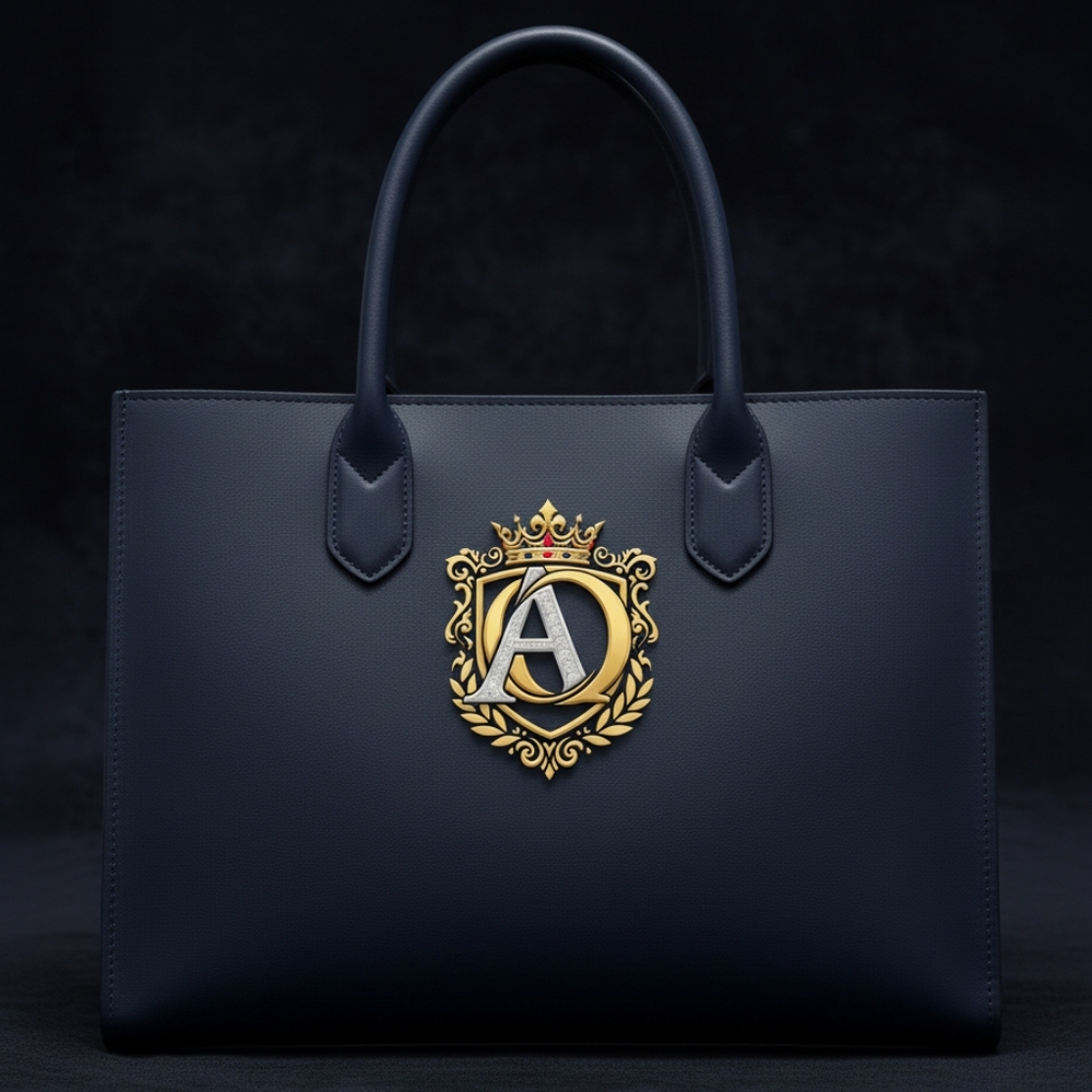 Elegant Navy Blue Handbag with Gold Emblem